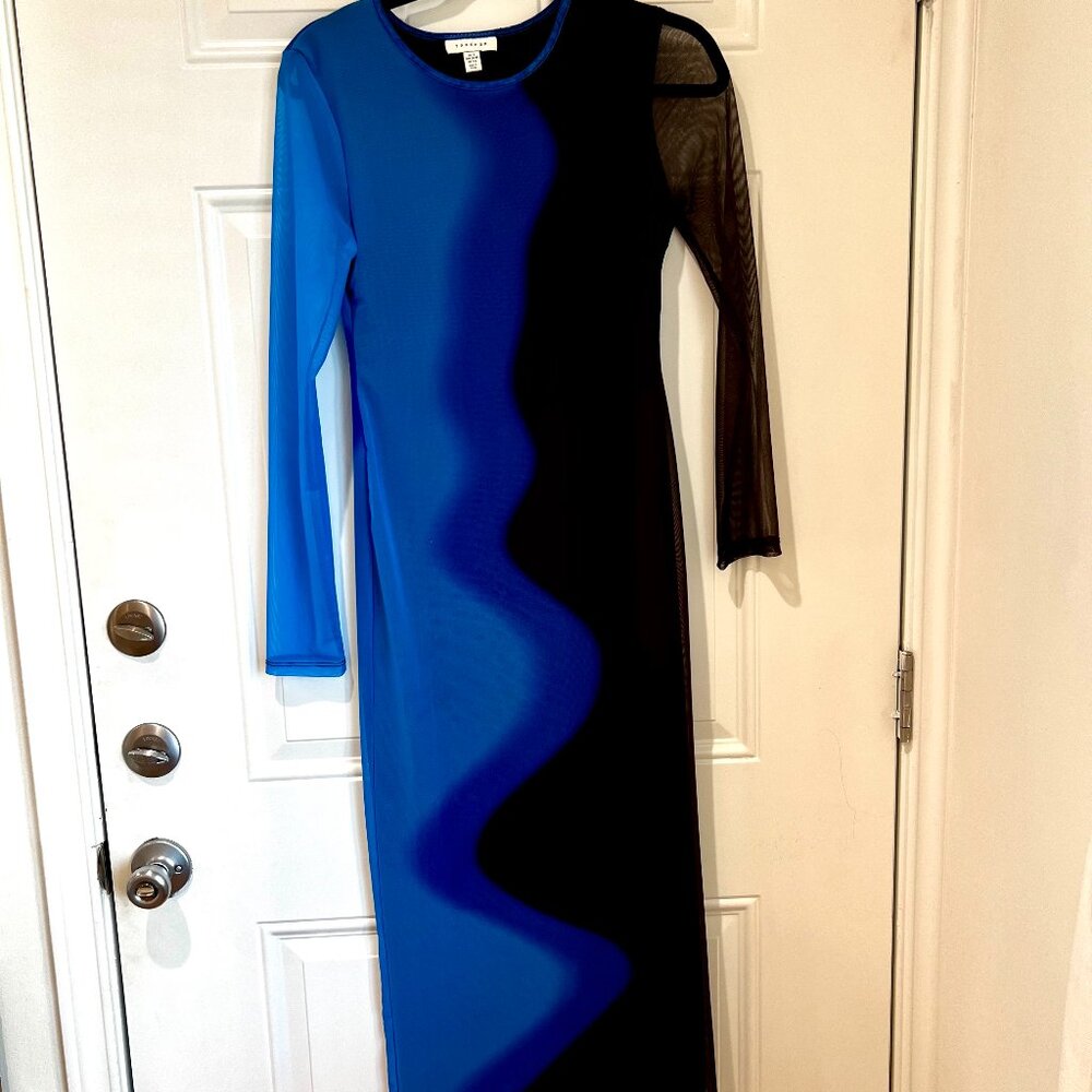 Topshop Black & Blue Swirl Midi Dress, Mesh Sleeves, Fitted – Size 4